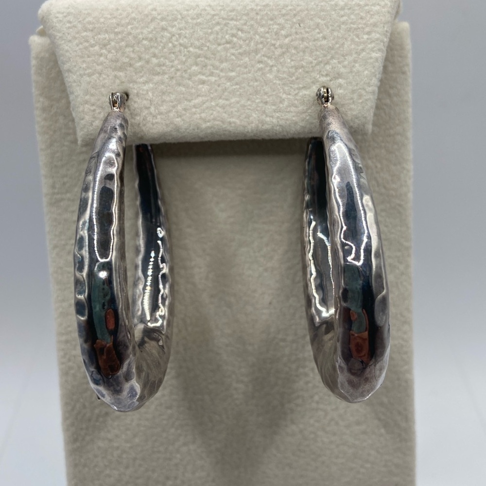 Elle Sterling Silver 925 Ruby Oval Hammered Earrings Pierced 1 3/4”L